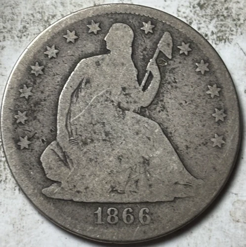 1866-S No Motto 50c Seated Liberty Half Dollar. Low Grade Circulated Details