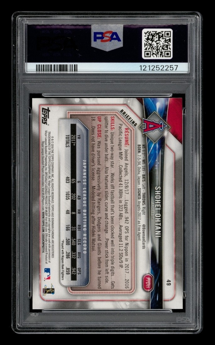 2018 Bowman: # 49 Shohei Ohtani PSA 10 GEM MINT view 2