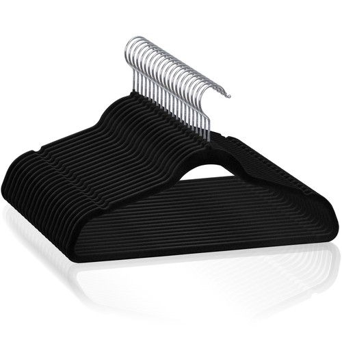 Velvet Hangers 100 Pack Non Slip Clothes Suit/Shirt/Pants Velvet Hangers Black - Afbeelding 1 van 24