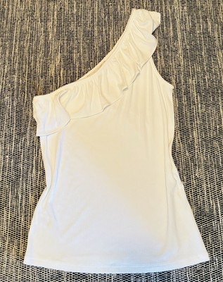 Loft Ruffle Ribbed One Shoulder Tank Top Size M White
