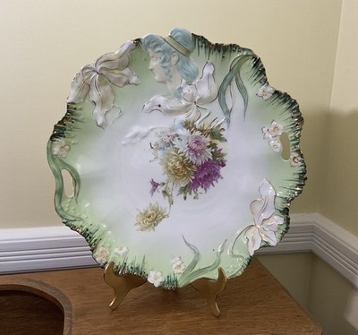 R S Prussia Antique 11  Cake Plate  Hidden Image  Lady~Green & Gold Edge c1901