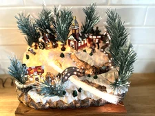 Christmas Fiber Optic Winter Village Mill House Flowing River Evergreen Trees