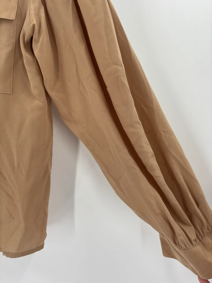 Blusa JH Collectibles Vintage 100% Seda Mujer 8 Marrón Años 80 Mangas Largas Plisada Foto 3 de 4