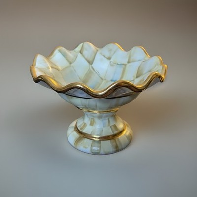Rare MacKenzie-Childs Parchment Check Fluted Compote Ceramic 3.5 - 2 Available