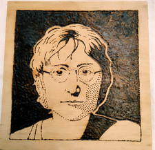 JOHN LENNON engraved "burned" wood/hand colored  portrait "Imagine the Light"