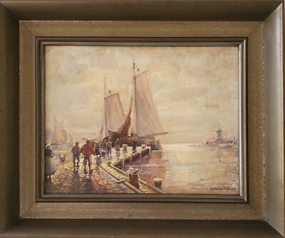 Gemälde Öl Landschaft Hafen Niederlande Personen Fischer Hans Richter-Johannsen