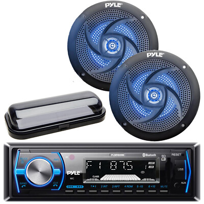 Pyle Marine Receiver, Cover, 2x 4'' 100W Blue Flashing LED Boat Audio Speakers