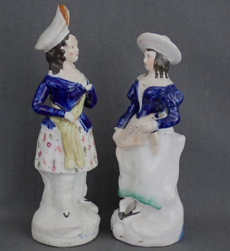 Antiqu 1850s Staffordshire Pair of English Women w/Cobalt Blue Accents #10/11 - Picture 7 of 12