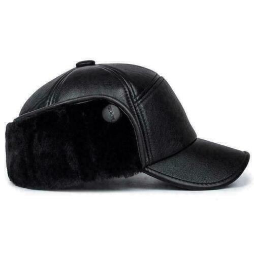 Men's Genuine Leather Baseball Caps Winter Hats With Ear Flaps Warm Cap Hat Gift - Picture 3 of 5