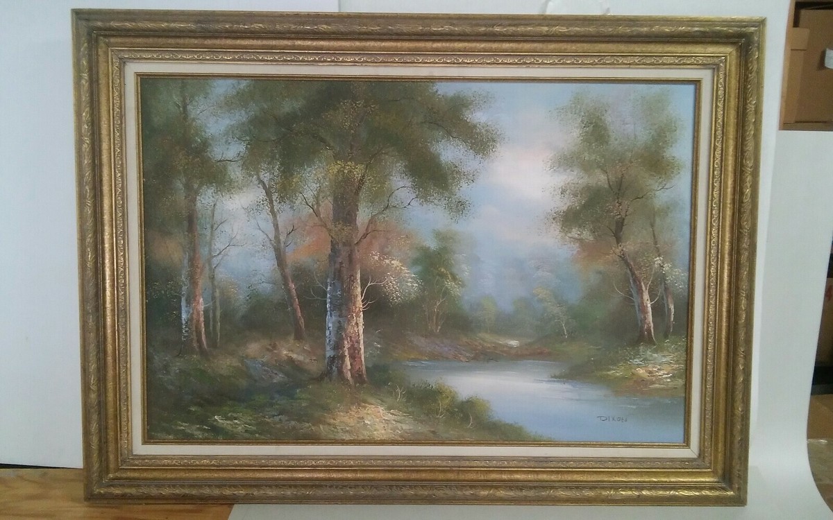 Large Oil? Painting Signed Dixon Forest Trees River 44x32