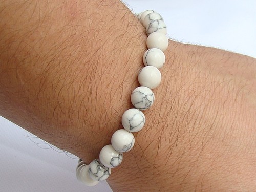 Men's Elastic Beaded Bracelet NATURAL Gemstone 8mm WHITE TURQUOISE beads - Picture 3 of 3