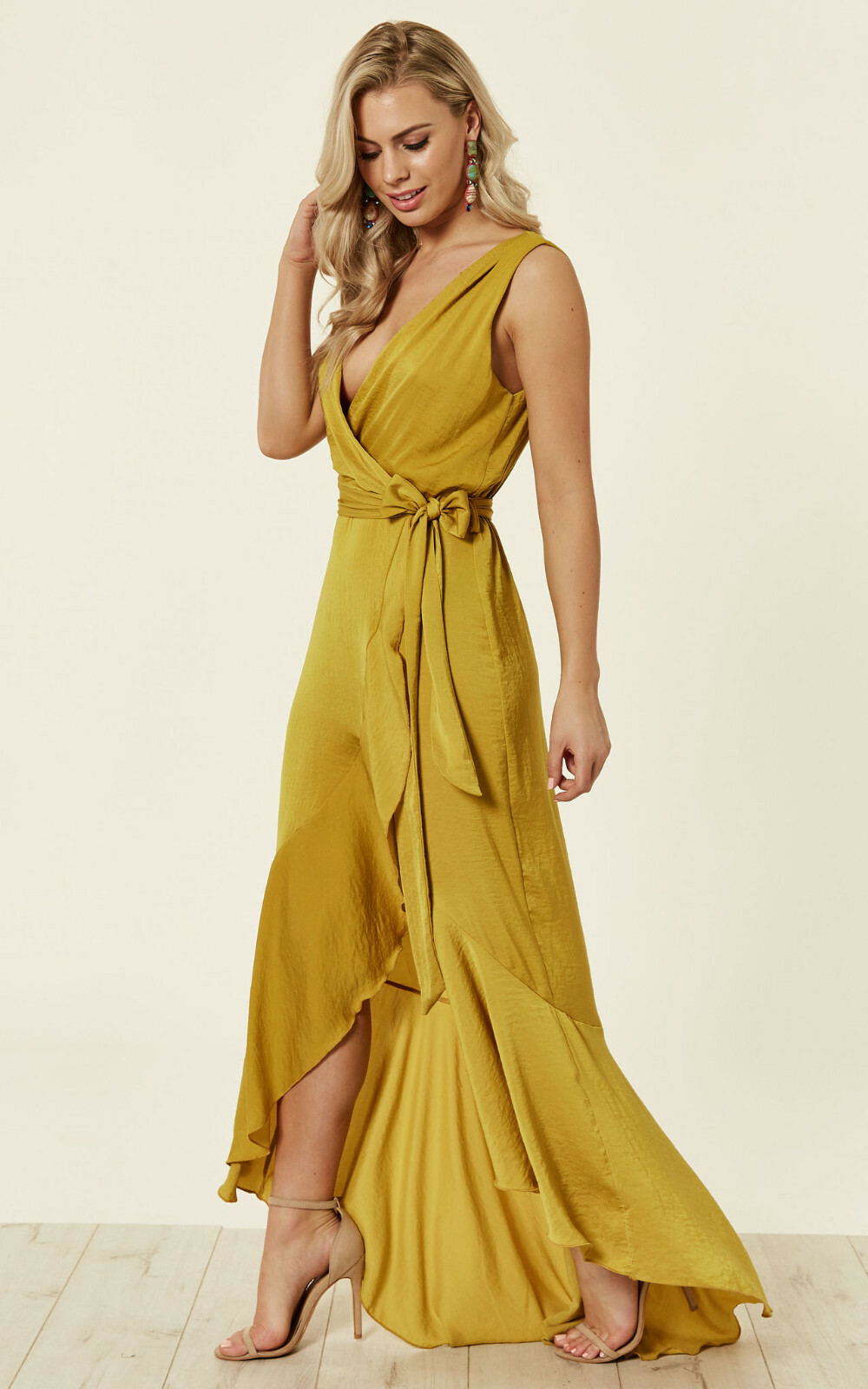 Z SILKFRED SILK FRED FLOUNCE LONDON WRAP FRONT MAXI DRESS RUFFLE YELLOW 10  6 38