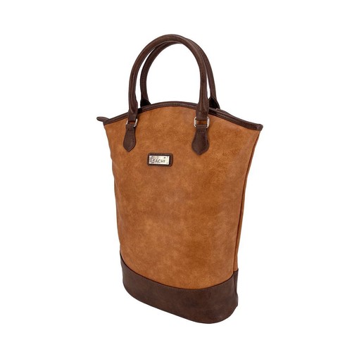 Sachi 2 Bottle Wine Tote Bag Insulated Carrier Purse Handbag Faux Leather - Tan - Picture 4 of 5