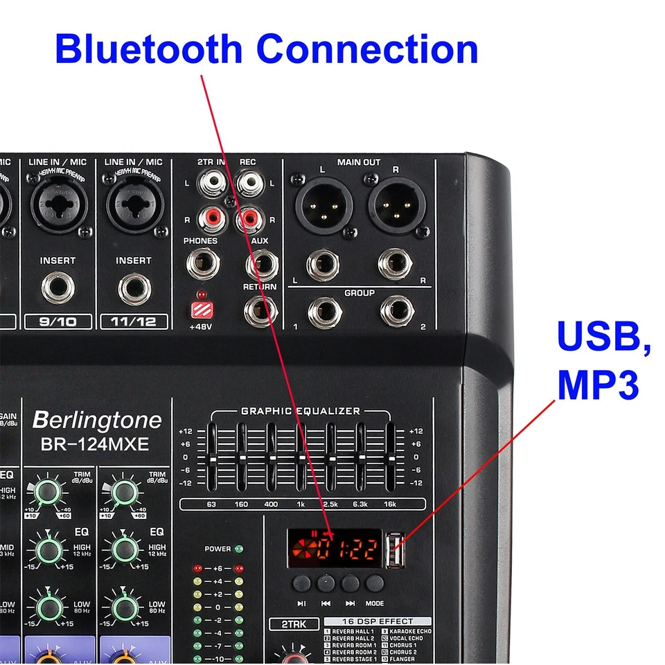 Berlingtone BR-124MX, Professional 12 - Channel Bluetooth Studio Audio Mixer - Image 4 of 4
