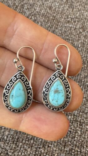 Barse Sterling Silver 925 Scroll Border Teardrop Turquoise Dangle Earrings #5 - Picture 5 of 7