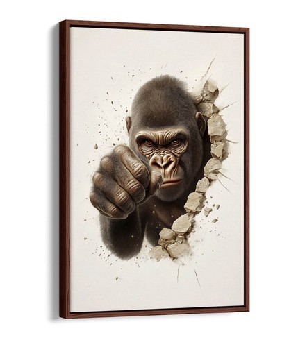 GORILLA PUNCHING HOLE THROUGH WALL -FLOAT EFFECT FRAMED CANVAS WALL ART PRINT - Picture 10 of 12