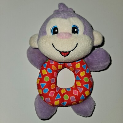 Fisher Price Purple Red Monkey Plush Rattle Grabber Ring Small 6'' Baby Toy Lovey