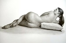 ORIGINAL modern female nude graphite pencil realism portrait drawing fine art a3