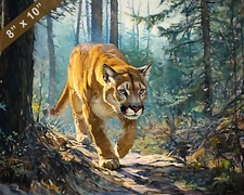Mountain Lion prowling through the forest oil painting 8x10 Print