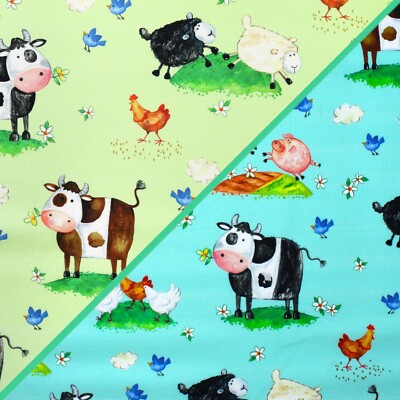 100% Baumwollstoff, Michael Miller - Happy Family, Bauernhoftier Kuh Schwein Schaf