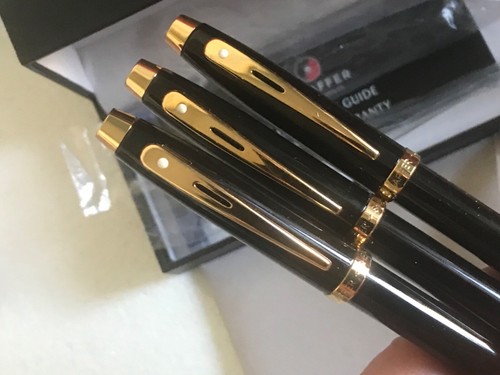 BNIB SHEAFFER 100 FOUNTAIN, ROLLERBALL & BALLPOINT SET, BLACK LACQUER/GOLD TRIM - Picture 10 of 19