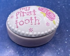 MY FIRST TOOTH Keepsake Trinket Box Pink Ceramic Childhood Memories Roses Oval
