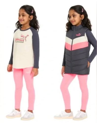 PUMA Kids Girls 3 Piece Puffer Vest Set Grey Hot Pink & White S 6 NEW QUICK SHIP - Picture 2 of 14