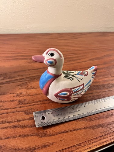 Vintage mexikanische handbemalte Keramik Ente rosa blau bunt selten klein signiert - Bild 5 von 5