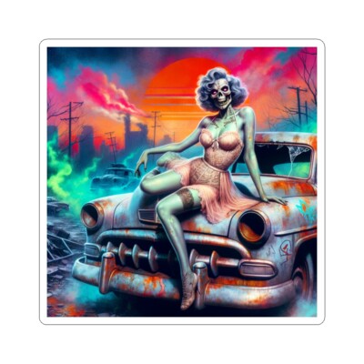 Sticker Post Apocalyptic Pin Up Ghoul 2x2 3x3 4x4 6x6 Classic Car Zombie Girl