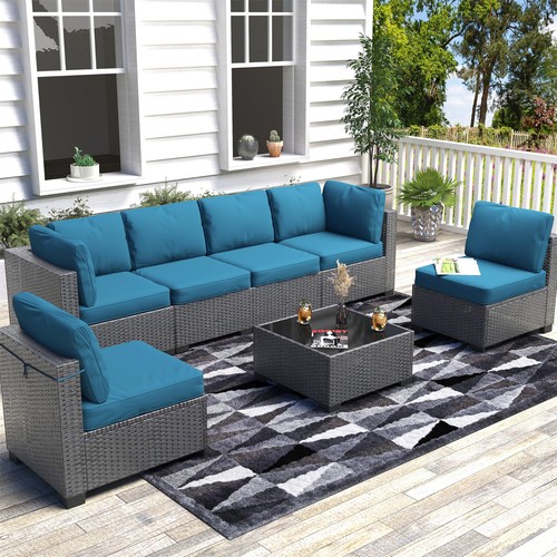 7-Piece Outdoor Wicker Patio Furniture Set PE Rattan Sectional Sofa Set Table - Picture 2 of 10