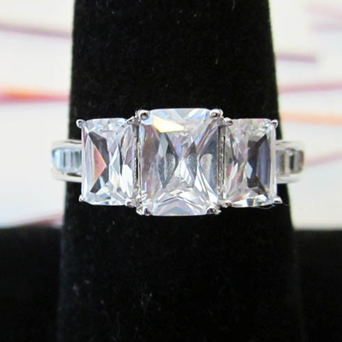 Princess 3 Stone Emerald Cut Sterling Silver Wedding Engagement Ring Sz 5,6,7,8 - Picture 1 of 6