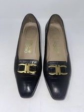 Salvatore Ferragamo VTG Black Leather Pumps Gold Gancini Buckle 6.5 B