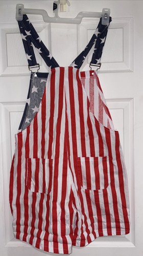 New Women's Overalls USA America Flag Print Bib Pants Jumpsuit Romper Shorts - S - Picture 2 of 4