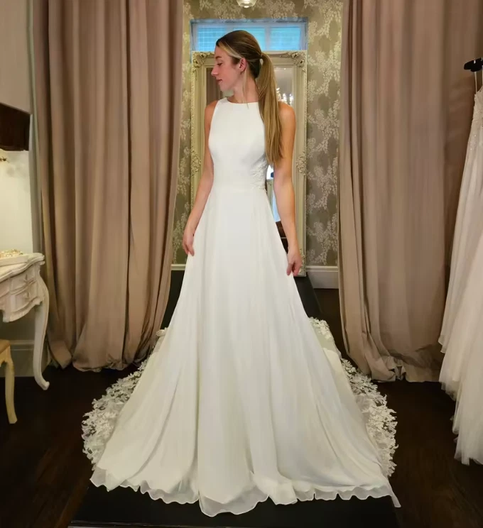 Boho Wedding Dress O Neck Satin Lace Beach Bridal Dresses Sleeveless Backless - Image 3 of 4