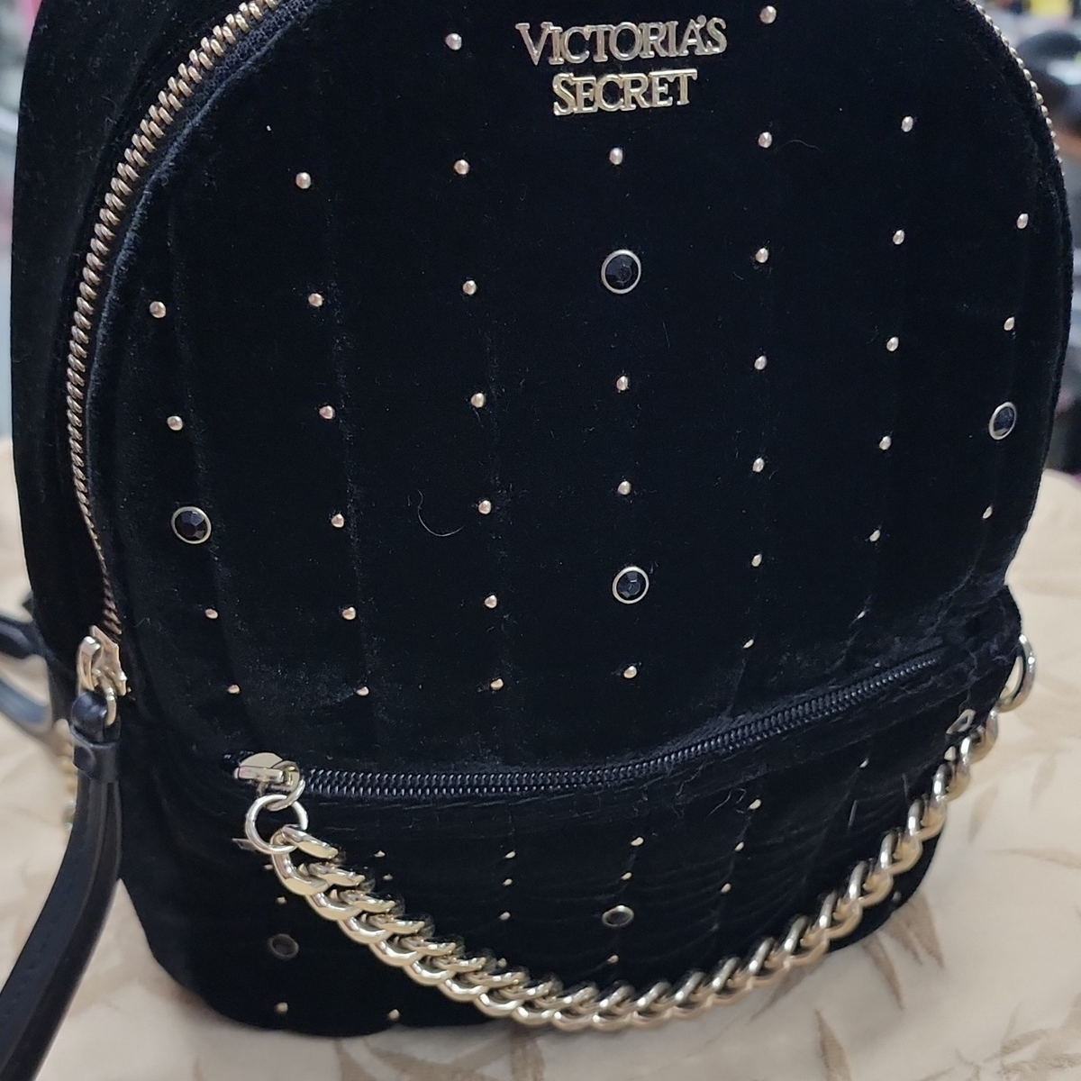 black leather studded backpack victoria's secret Victoria's Secret Black Quilted Backpack Studded Chain Accent Gold Hardware
