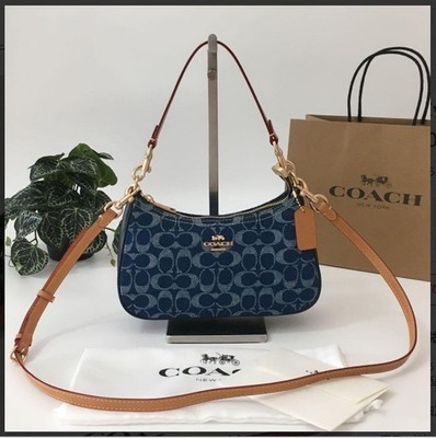 【ほぼ未使用品】COACHテリタンニンデニム脇バッグ コンパクト CAF82 Coach CAF82 Denim/Natural Teri Shoulder Bag Signature Denim Outlet