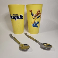 4 Pc Set Nestle Nesquik Chocolate Milk Tumbler Plastic Cups w/ Rabbit Spoons