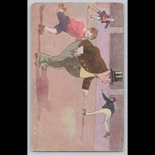 Antique Postcard A Good Thing Push It Along Roller Skating Humor