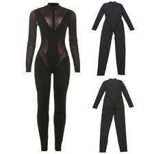 Women Bodysuit Daily Full Body Sheer Rompers Mesh Splicing Jumpsuit Dancing