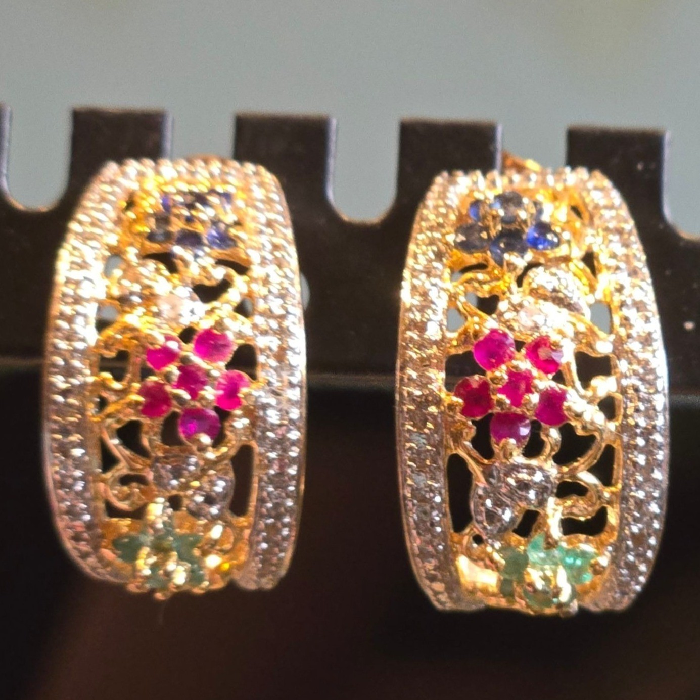 Emerald Ruby Sapphire Earrings Diamond Flower Hoo… - image 8