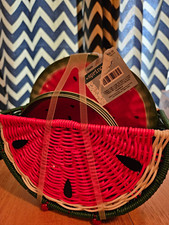 Picnic Set Watermelon Woven Plastic Storage Basket w/ 4 bowls and 4 plates