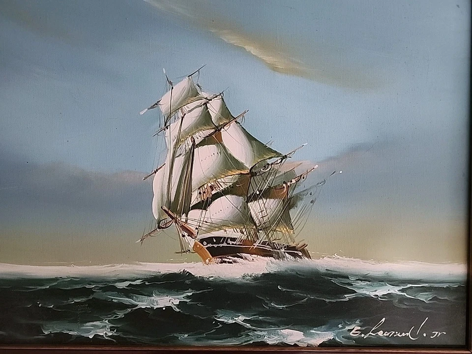 E. Leonard Jr. Lienzo enmarcado pintura original firmado velero naval Foto 2 de 4