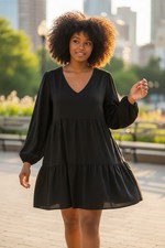 Womens L Black Tiered Shift Dress V Neck Bishop Sleeve Boho Relaxed Artsy