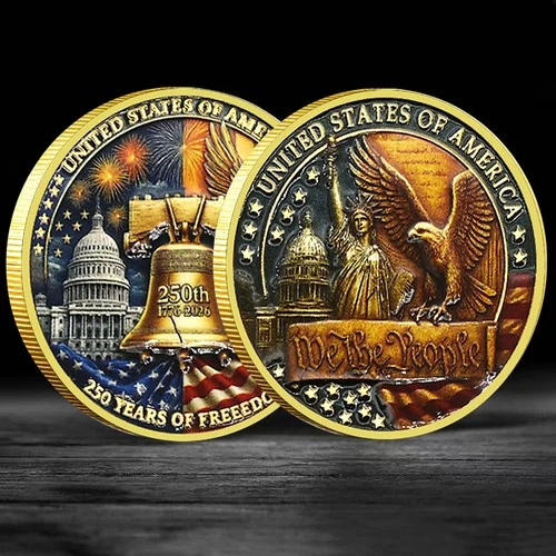 USA 250th Anniversary Challenge Coin Liberty Bell Capitol Building Golden Medal