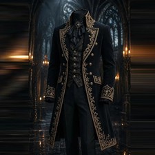 Men Black Gothic Halloween Costume Tailcoat Gold Embroidery Victorian Suit