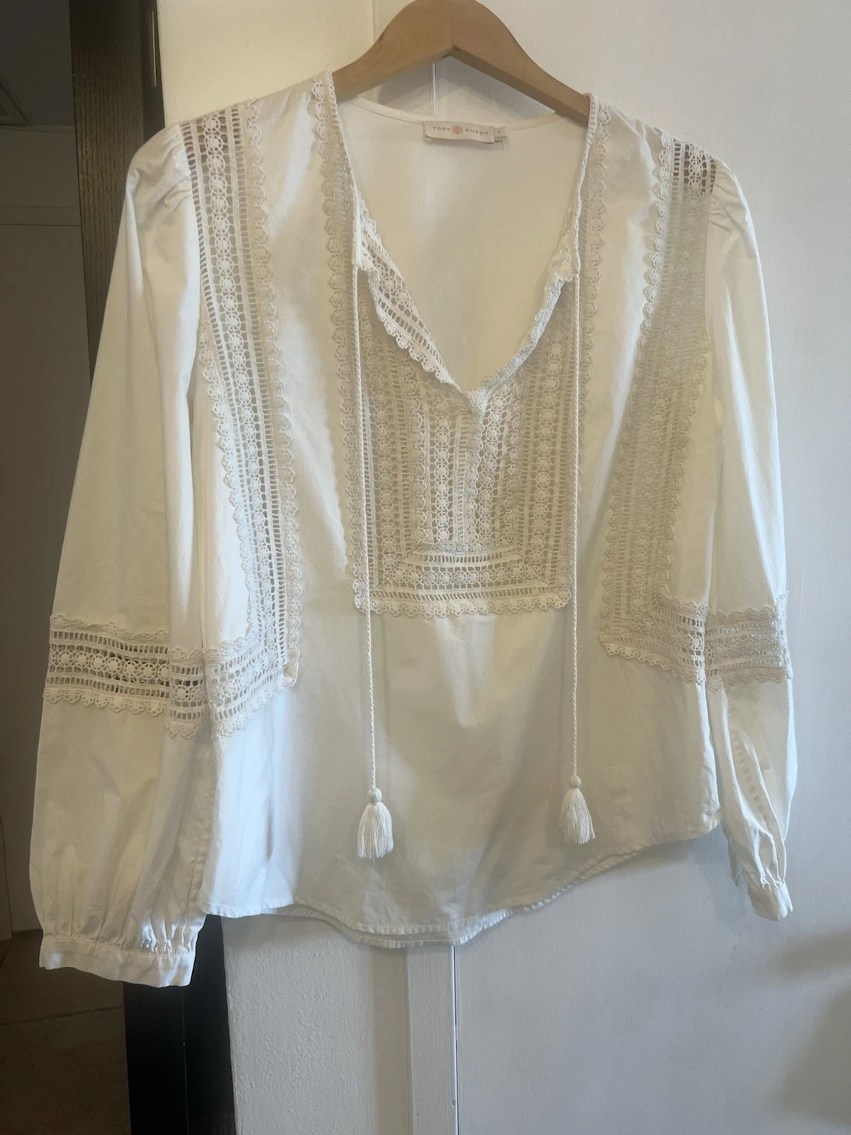 Camicetta Marissa Tory Burch in cotone avorio con nappe e ricami tg. 6 $225