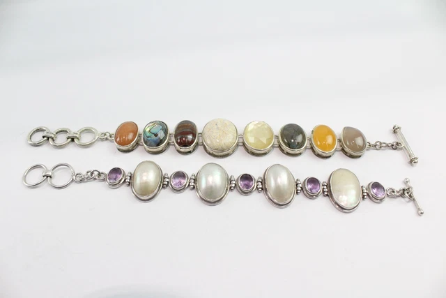 09 Sterling Silver Gemstone Bracelets Labradorite Shell Amethyst Jasper x 2
