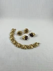 Crown Trifari Vintage Bracelet Earrings Gold Green Brown Rhinestones Lot of 3