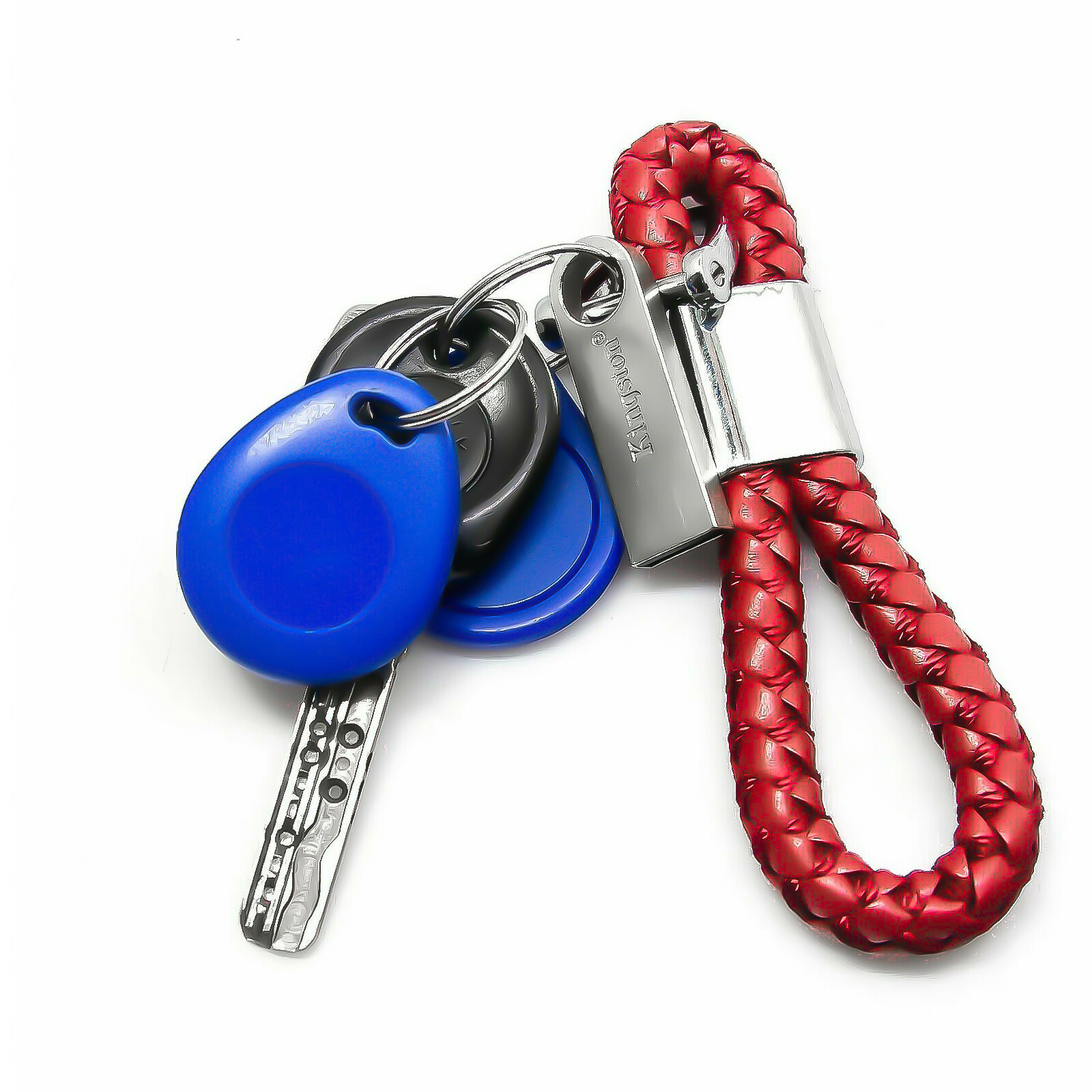 Sporty Red Braided Leather Strap Keychain w/ Metal Key Ring For Car Key