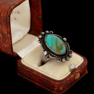 Antique-Vintage-900-Sterling-Coin-Silver-Native-Navajo-Turquoise-Pinky-Ring-Sz-4